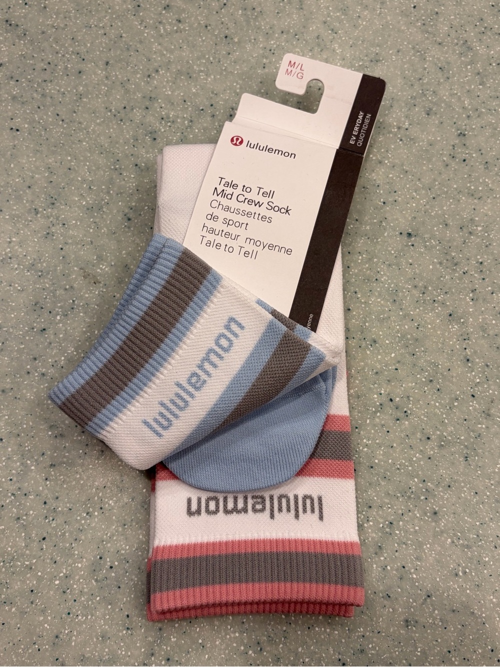lululemon Tale to Tell Mid Crew Socks - White with Blue, Pink & Gray Stripes